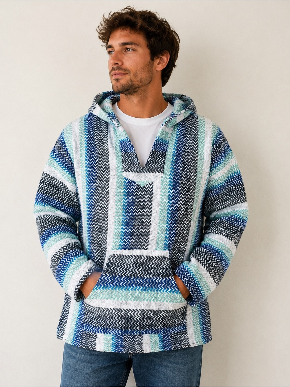 Baja Joe by Earth Ragz Unisex Size Large Baja Hoodie Blue Green Striped Pullover